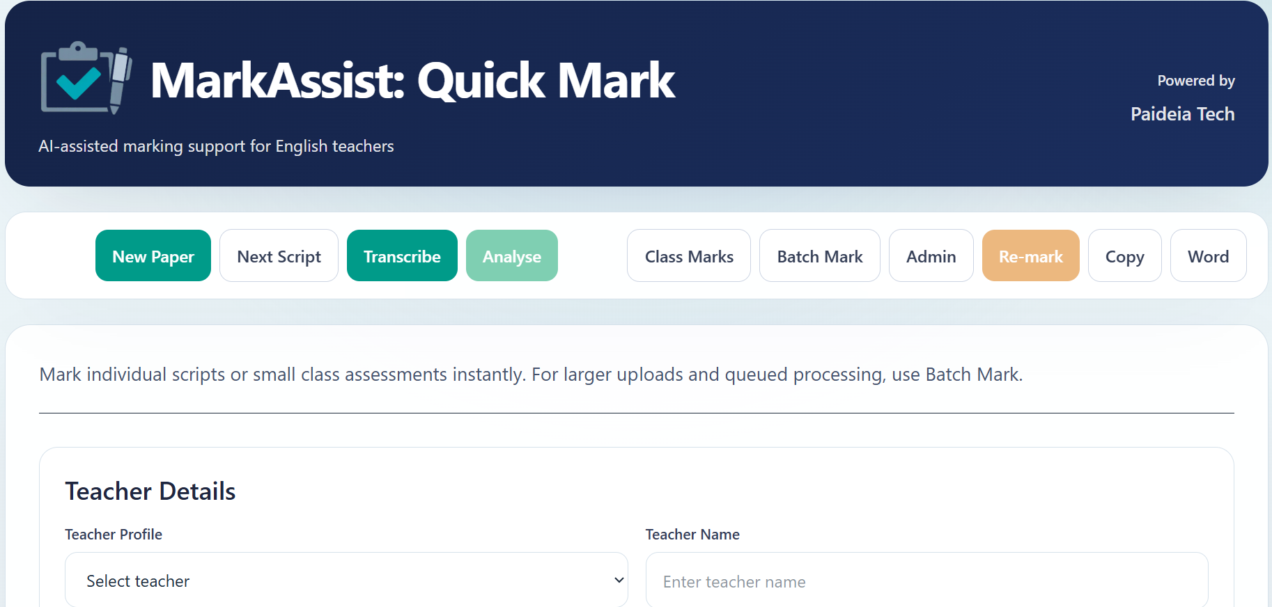 Quick Mark — teacher and student details